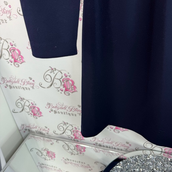 Calvin Klein dress ribbon bow tie up neck detail gold zipper Navy Midi Dress - Picture 8 of 13